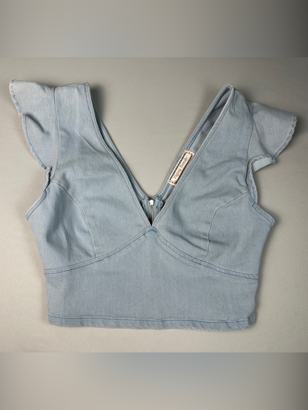 Flying Tomato Denim Crop Tank Top Light Blue V-neck Zip Back